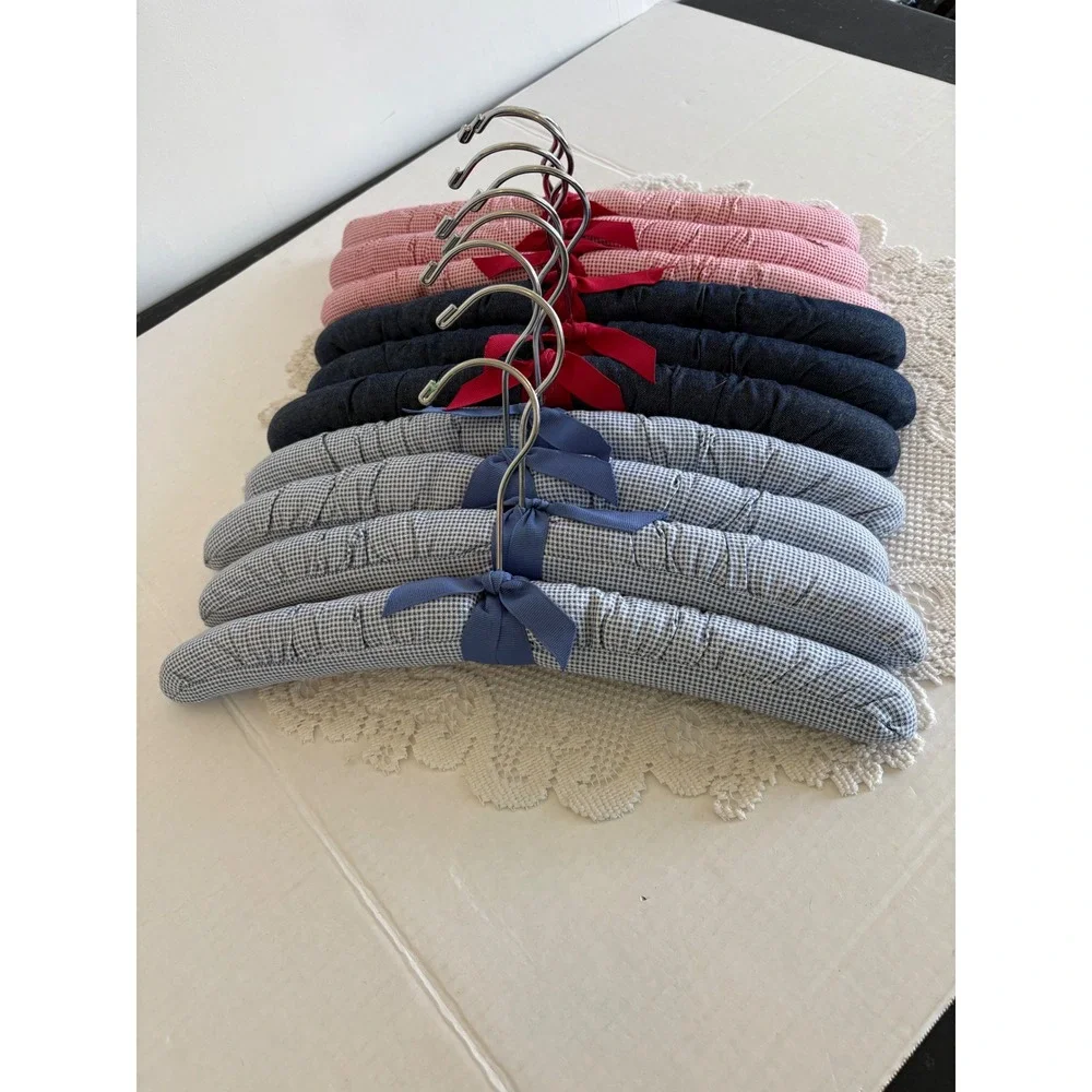 Vintage Padded Hangers Set of 9 Denim Gingham Check Fabric Cottagecore Decor
